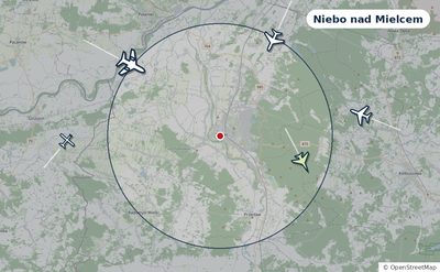 Mapa okolic miasta z sylwetkami samolotów — Niebo nad Mielcem na żywo