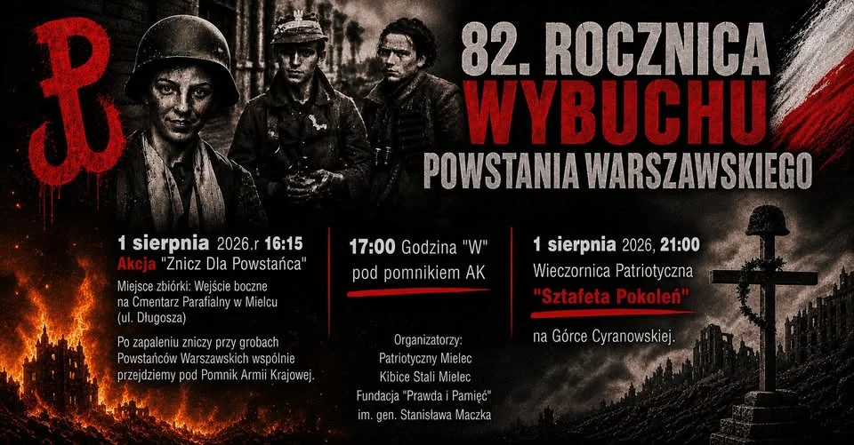 Grafika promocyjna wydarzenia 82. rocznica wybuchu Powstania Warszawskiego – Mielec pamięta! Mieleckie obchody