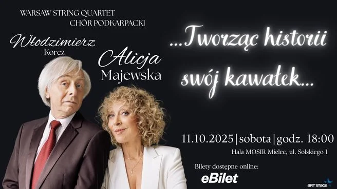 Obrazek przedstawia grafikę promocyjną wydarzenia Alicja Majewska i Włodzimierz Korcz z koncertem symfonicznym w Mielcu