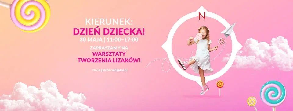 Grafika promocyjna wydarzenia Dzień Dziecka w Galerii Navigator: warsztaty tworzenia lizaków w Fabryce Lizaka