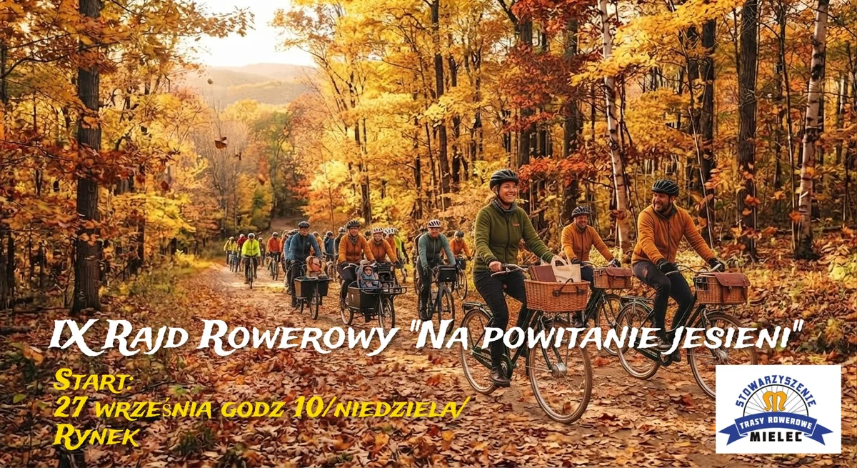 Grafika promocyjna wydarzenia IX Rajd Rowerowy „Na powitanie jesieni” – trasa i termin