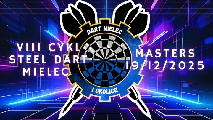 Grafika promocyjna wydarzenia MASTERS VIII Cykl Steel Dart Mielec — cykl turniejów steel dart od września do grudnia 2025