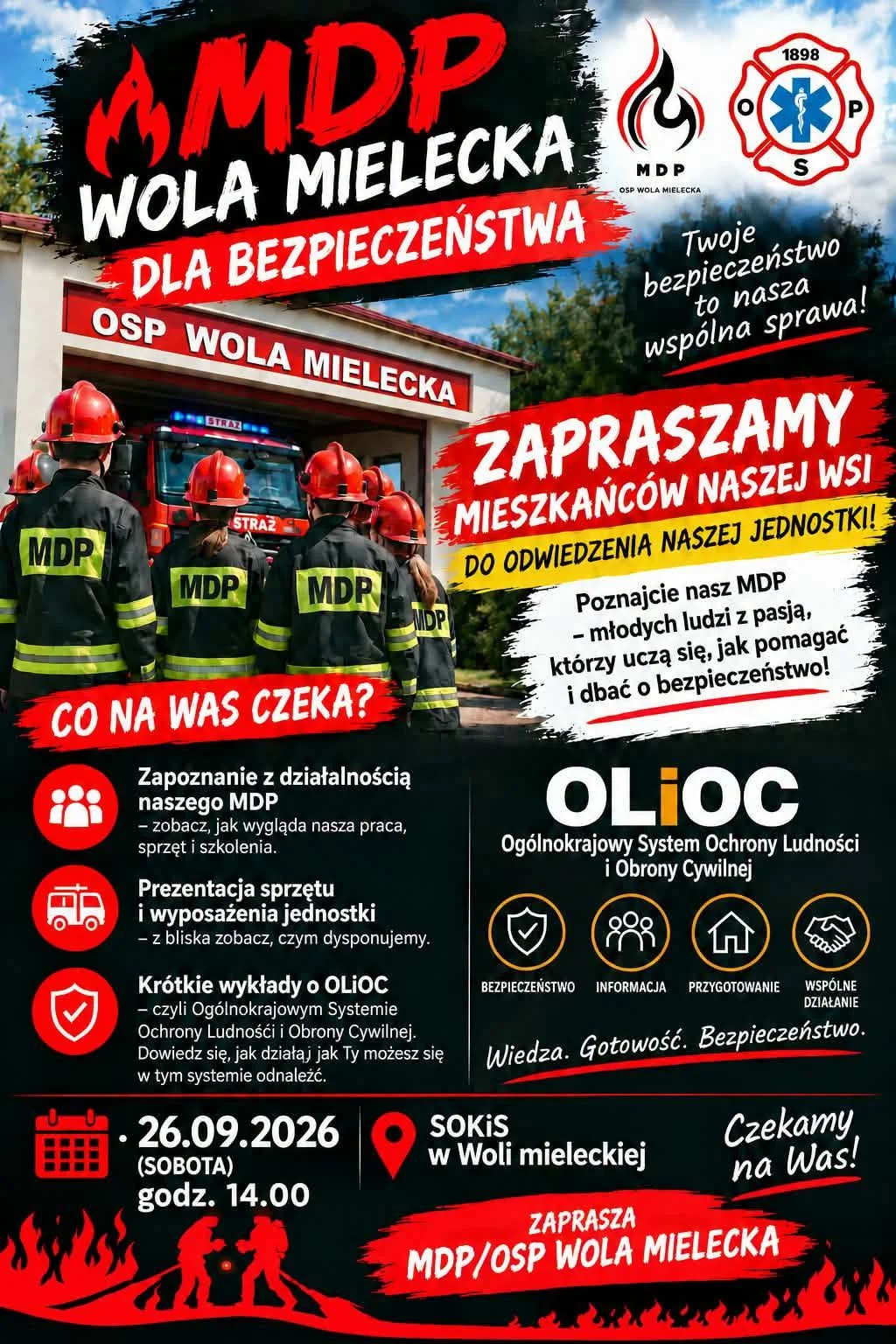 Grafika promocyjna wydarzenia MDP Wola Mielecka dla bezpieczeństwa – spotkanie edukacyjne
