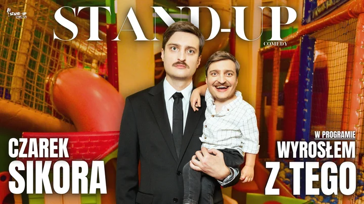 Obrazek przedstawia grafikę promocyjną wydarzenia Czarek Sikora w Mielcu — nowy program stand-up „Wyrosłem z tego”