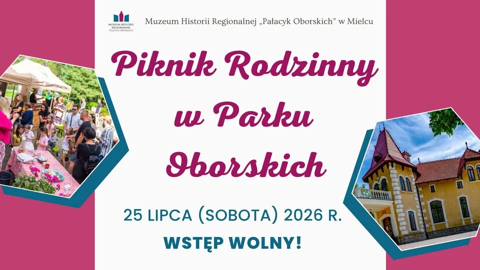 Grafika promocyjna wydarzenia Piknik Rodzinny w Parku Oborskich – robotyka i historia