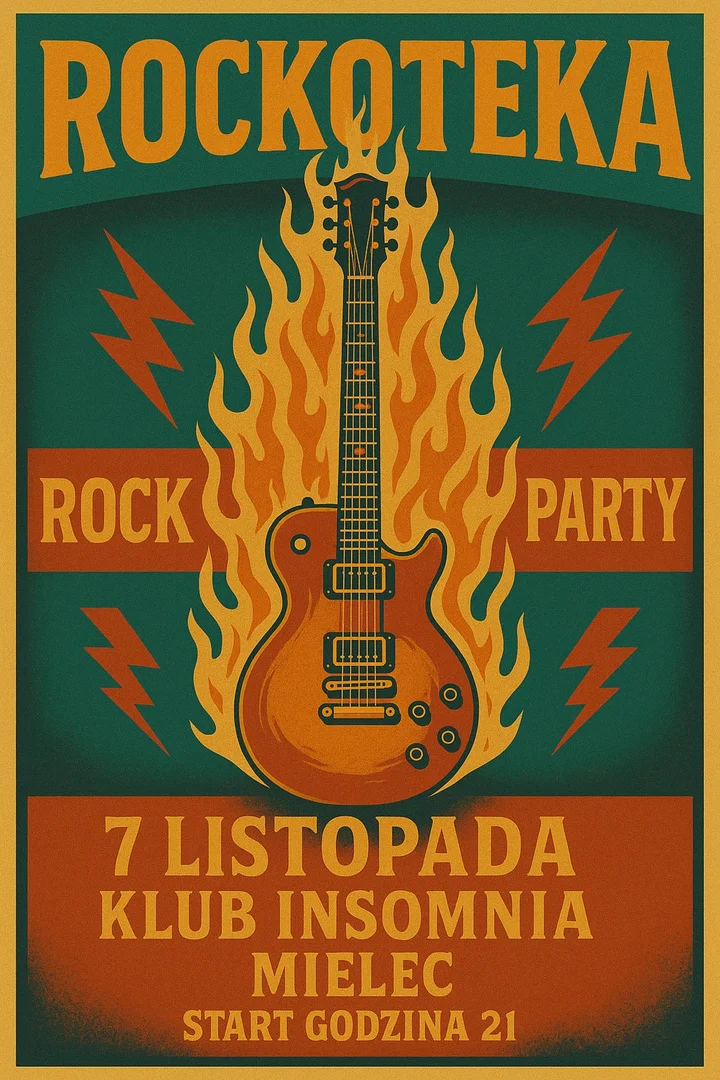 Obrazek przedstawia grafikę promocyjną wydarzenia Noc rocka w Klubie Insomnia — ostatnia edycja ROCKOTEKI w 2025