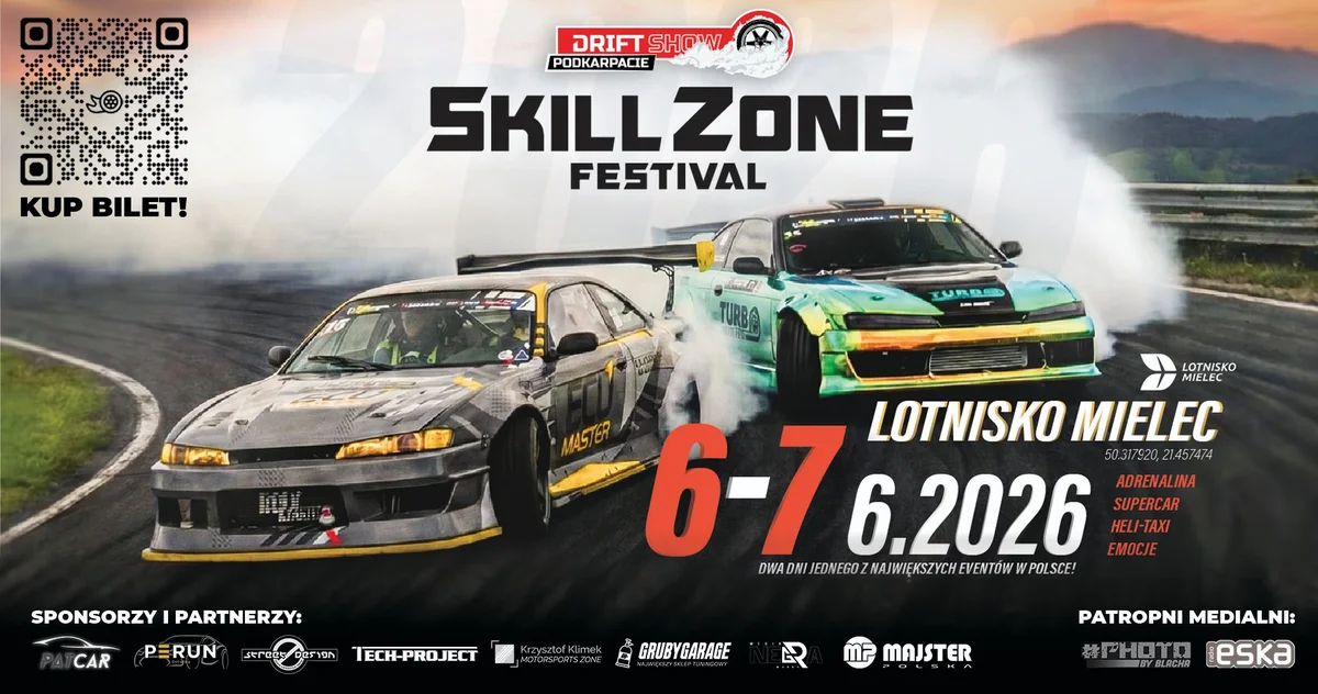 Grafika promocyjna wydarzenia SkillZone Festival w Mielcu: drifty, superauta i największy monster truck na Lotnisku Mielec