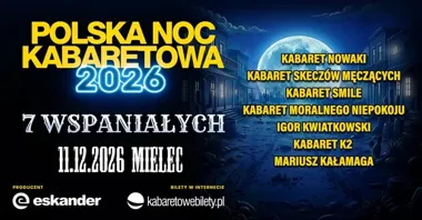 Grafika promocyjna wydarzenia Polska Noc Kabaretowa 2026 w Mielcu — Siedmiu wspaniałych
