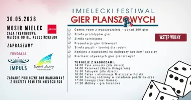 Grafika promocyjna wydarzenia II Mielecki Festiwal Gier Planszowych w Mielcu – turnieje, gry i rodzinne granie