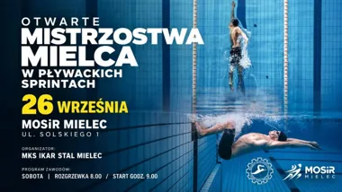 Grafika promocyjna wydarzenia Otwarte Mistrzostwa Mielca w pływackich sprintach