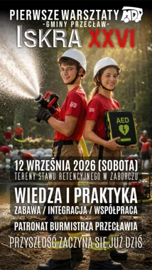 Grafika promocyjna wydarzenia Pierwsze Warsztaty Młodzieżowych Drużyn Pożarniczych Gminy Przecław