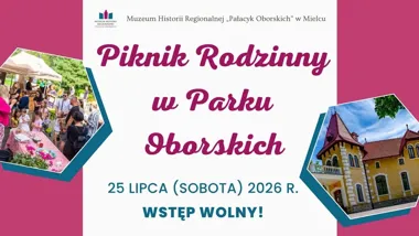 Grafika promocyjna wydarzenia Piknik Rodzinny w Parku Oborskich – robotyka i historia