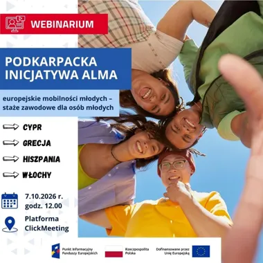 Grafika promocyjna wydarzenia Webinarium o stażach zawodowych ALMA dla młodych