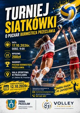 Grafika promocyjna wydarzenia Turniej Siatkówki o Puchar Burmistrza Przecławia