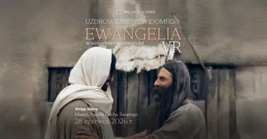 Grafika promocyjna wydarzenia „Uzdrowienie niewidomego” – Ewangelia (VR) w Mielcu. Niezwykły pokaz filmu w Parafii Ducha Świętego