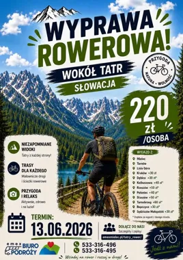 Grafika promocyjna wydarzenia Wycieczka rowerowa na Słowację – górska trasa w rejonie Tatr