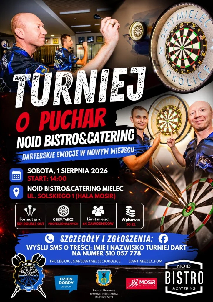 Grafika promocyjna wydarzenia Mielec zagra o puchar. Nadchodzi turniej darta w nowej hali