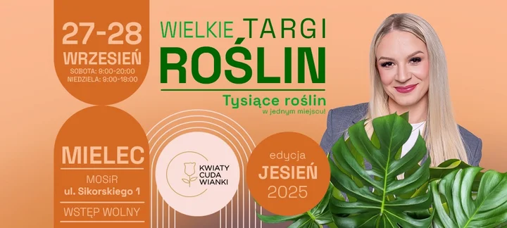 Obrazek przedstawia grafikę promocyjną wydarzenia Targi roślin w Mielcu – jesienna edycja 28–29 września 2025