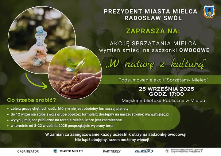 Obrazek przedstawia grafikę promocyjną wydarzenia Akcja sprzątania przestrzeni publicznych w Mielcu — wrzesień 2025