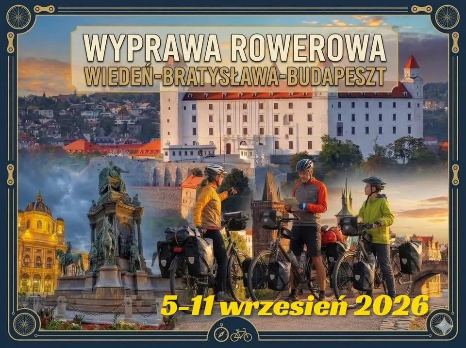 Grafika promocyjna wydarzenia Wyprawa Rowerowa Wiedeń-Bratysława-Budapeszt nad Dunajem