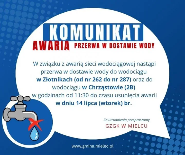 Awaria wodociągu w Złotnikach i Chrząstowie. Dwie przerwy w dostawie wody