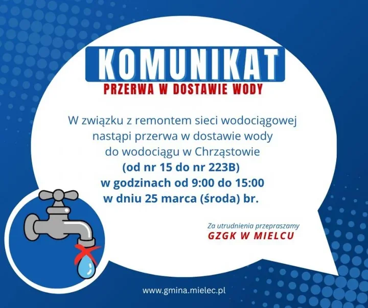 W Chrząstowie na kilka godzin zniknie woda przez remont sieci