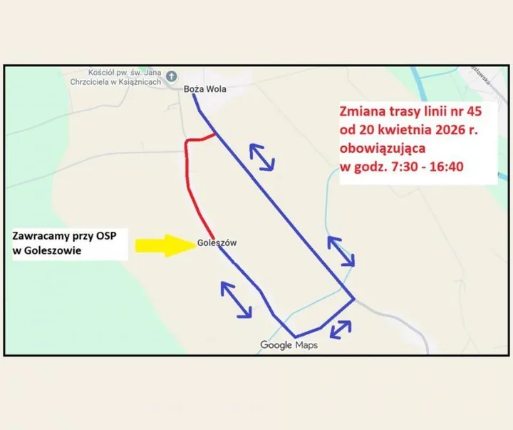 Linia 45 ominie część Goleszowa podczas robót drogowych