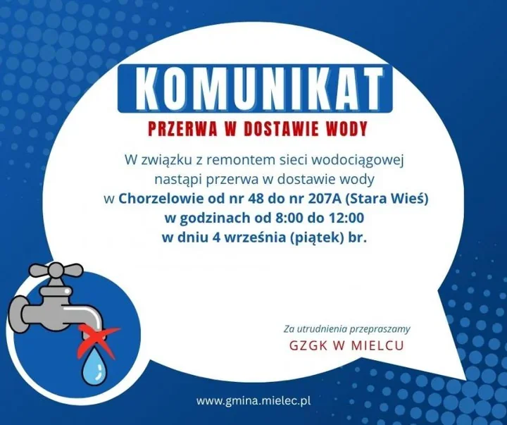 Mieszkańcy części Chorzelowa bez wody przez cztery godziny