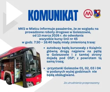 Zmiana trasy MKS linii nr 45 – prace drogowe w Goleszowie wpływają na kursy