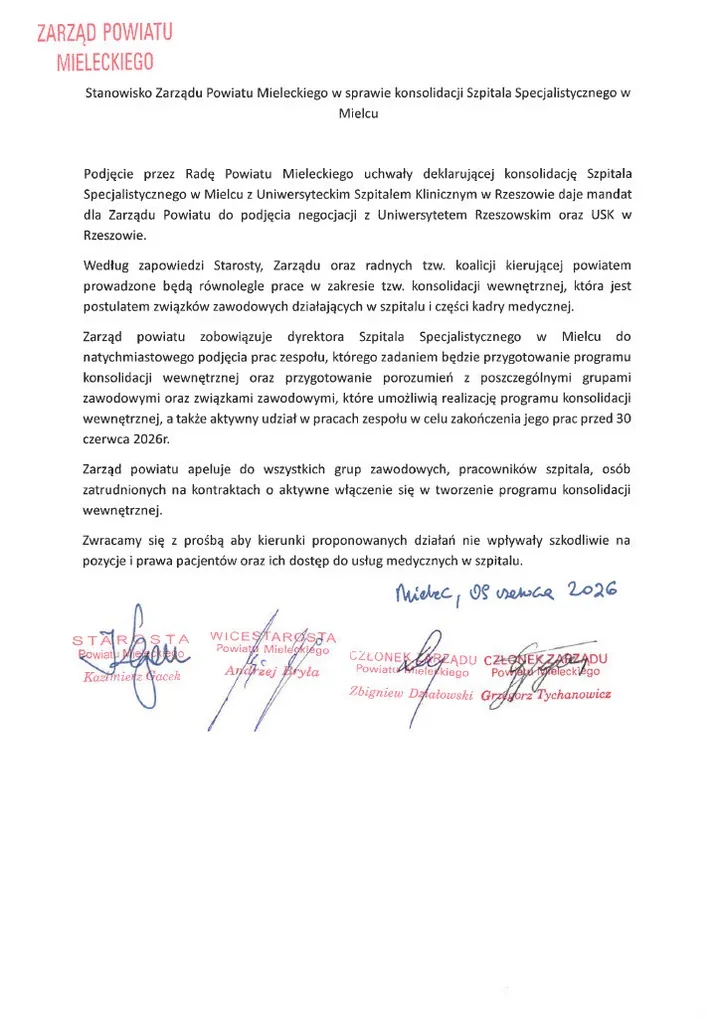 Powiat zabrał głos w sprawie szpitala. W tle konsolidacja